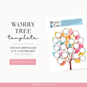 May include: Printable Worry Tree template with colorful leaves.  Write down your worries on each leaf and watch them fall away.  8.5 x 11 inches.  Edit in Canva.