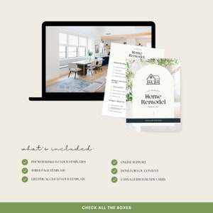 May include: A laptop computer displaying a photo of a modern kitchen with a dining table and chairs. A checklist titled "The Complete Home Remodel Checklist" is shown on a printed document with a house icon and the text "Your Name Goes Here". The checklist includes items such as "Initial Planning", "Hiring Professionals", "Design & Decor", and "Online Support".