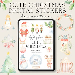 May include: A digital sticker set featuring 60 pre-cropped images of cute Christmas illustrations. The stickers include a snowman, Santa Claus, a reindeer, a Christmas tree, a snow globe, a stocking, a cup of hot chocolate, and more. The text "digital stickers CUTE CHRISTMAS 60 PRE-CROPPED DIGITAL STICKERS" is displayed on the screen.
