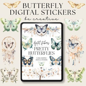 May include: A digital art image featuring watercolor butterfly stickers. The image includes a tablet displaying various butterfly designs, dream catchers, and the text "BUTTERFLY DIGITAL STICKERS" and "PRETTY BUTTERFLIES". The stickers are pre-cropped.