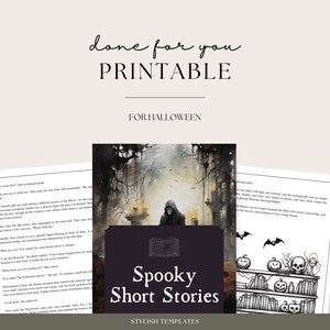 May include: Printable spooky short stories for Halloween. The cover features a spooky illustration of a hooded figure in a dark forest with candles and a book. The text "Spooky Short Stories" is in a white box with a black border.