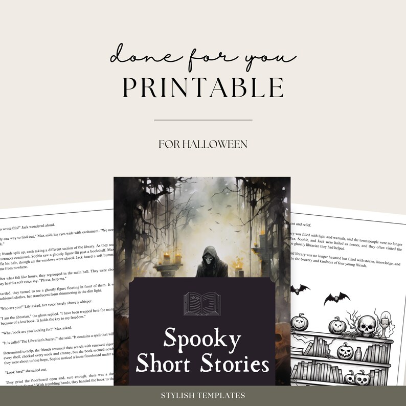 May include: Printable spooky short stories for Halloween. The cover features a spooky illustration of a hooded figure in a dark forest with candles and a book. The text "Spooky Short Stories" is in a white box with a black border.