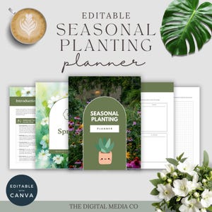 Peut inclure: Un planificateur de plantation saisonnière avec une couverture verte ornée d'une illustration de plante succulente. Le planificateur comprend des pages avec des motifs floraux et du texte. Les mots "Seasonal Planting Planner" et "Editable with Canva" sont visibles.