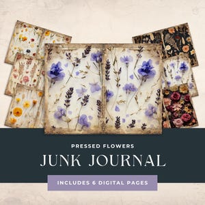 Geperste bloemen Junk Journal Kit Mixed Media, bronnen voor bloemenplakboek, digitale download tuin, papierkunst, vintage afdrukbaar