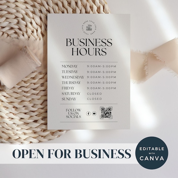 Business Hours Sign | Storefront Opening Times | Commercial Company Signage | Store Hours | Custom Printable Sign | Working Hours Shop Sign