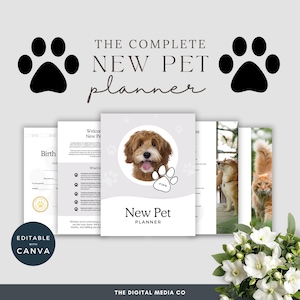 May include: A "New Pet Planner" with a dog image on the cover, surrounded by paw prints. The planner includes pages for pet birth details and other pet-related information. The text "EDITABLE WITH CANVA" is also visible.