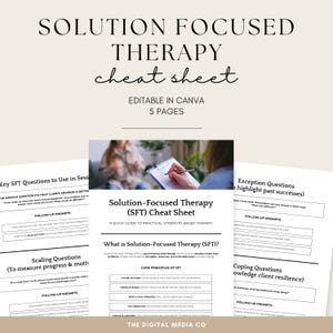 Cheatsheet oplossingsgerichte therapie, afdrukbaar SFT, hand-out counseling en coaching, pdf-gids therapietechnieken, canva-sjabloon