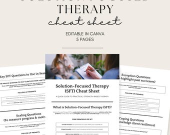 Solution Focused Therapy Cheat Sheet, SFT Printable, Counseling & Coaching Handout, Therapy Techniques Guide PDF, Canva Template