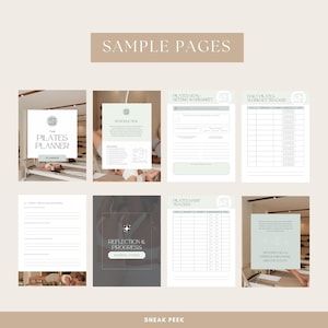 May include: A sample of pages from "The Pilates Planner" with a light beige and white color scheme. The pages include an introduction, goal-setting worksheet, workout tracker, and habit tracker. The text "Sample Pages" and "Sneak Peek" are visible.