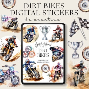 May include: A digital sticker set featuring watercolor illustrations of dirt bikes, helmets, trophies, and checkered flags. The set includes 52 pre-cropped stickers, perfect for adding a touch of motocross to your digital projects.