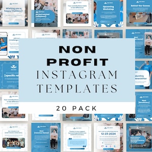 Può includere: Una raccolta di 20 modelli di post di Instagram per organizzazioni non profit. I modelli presentano uno schema di colori blu e bianco con vari design e testi.