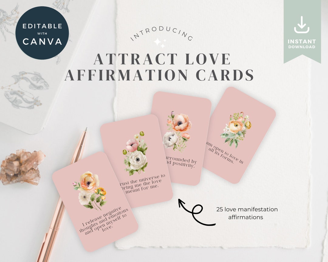 Attract Love Affirmation Cards Template Canva, Affirmation Station ...