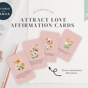 Plantillas de tarjetas de afirmación para atraer el amor en Canva, estación de afirmación, tarjetas de afirmación imprimibles, tarjetas de afirmación romántica imprimibles