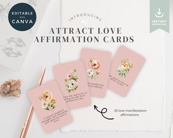 Modèle de cartes d'affirmation de soi Attirer l'amour sur toile, Station d'affirmation de soi, Cartes d'affirmation imprimables, Cartes d'affirmation romantiques imprimables