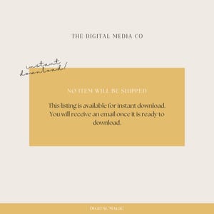 May include: A yellow rectangle with the text "THE DIGITAL MEDIA CO" at the top, "NO ITEM WILL BE SHIPPED" in the middle, and "This listing is available for instant download. You will receive an email once it is ready to download." below. The text "instant download!" is handwritten in black at the top left corner. The text "DIGITAL MAGIC" is at the bottom.