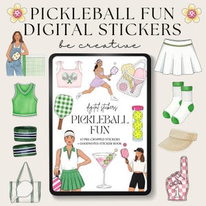 May include: Digital stickers with a pickleball theme. The image features illustrations of pickleball equipment, players, and accessories, including paddles, balls, and a net. Text reads "PICKLEBALL FUN DIGITAL STICKERS" and "be creative".