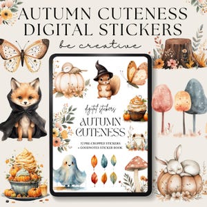 Autumn Cuteness Digital Stickers, Goodnotes Fall Stickers, Halloween Planner Stickers,  Seasonal PNG, Season Clipart, Animal Stickers