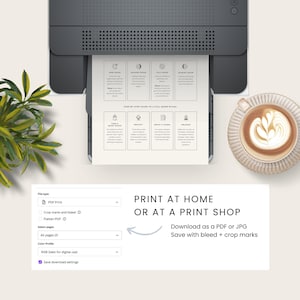 May include: A digital printable guide to a full moon ritual. The guide includes four steps: find a quiet space, reflect, write it down, and release. The guide is designed to be printed at home or at a print shop. The image shows a printer with the guide being printed, a cup of coffee, and a digital download screen.