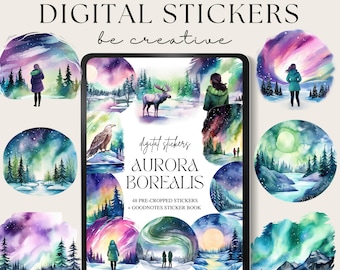 Naklejki Aurora Borealis Naklejki do cyfrowego planera, Naklejki Goodnotes Celestial, Naklejki Northern Lights, Dekoracja przyrodnicza