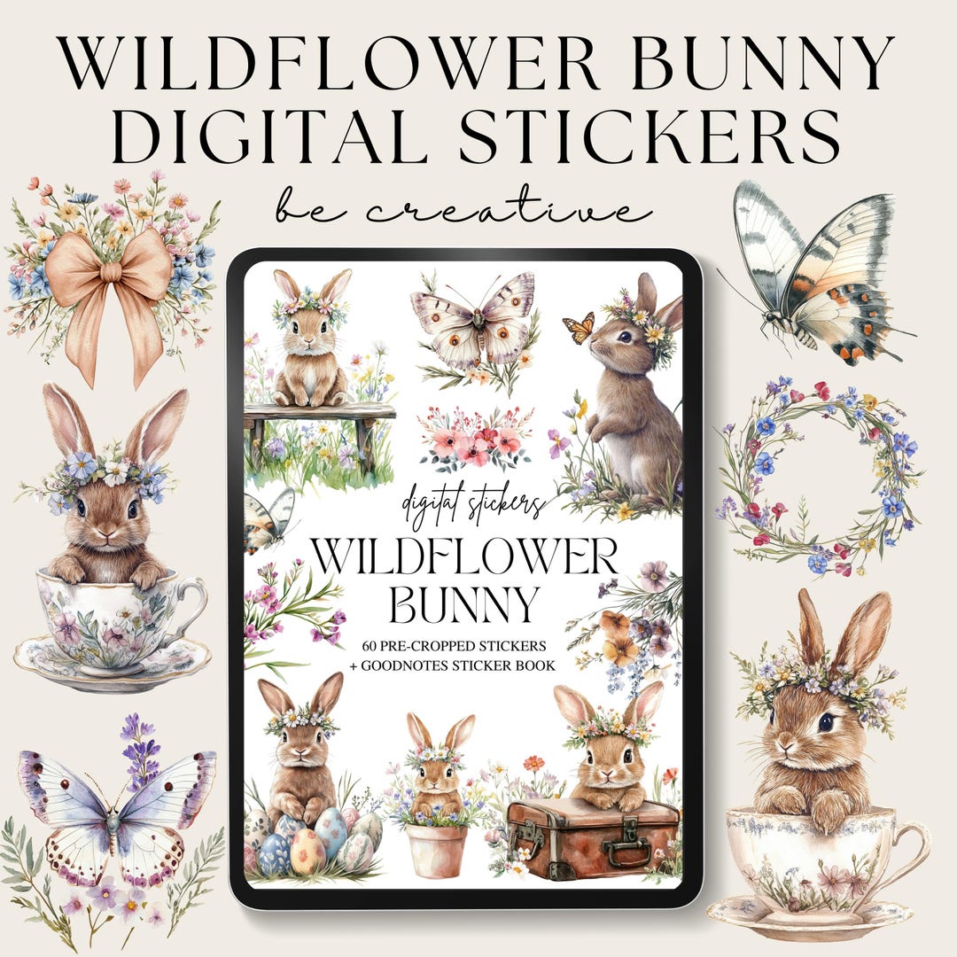 Wildflower Bunny Digital Planner Stickers | Pastel Rustic Easter ...