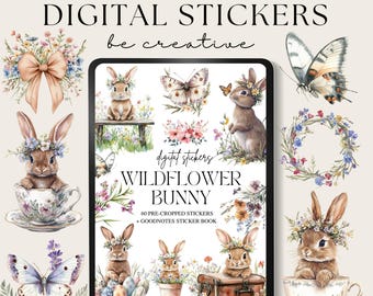 Wildflower Bunny Digital Planner Stickers | Pastel Rustic Easter Goodnotes Stickers | Faith Planner Stickers | Notability Png Decorations