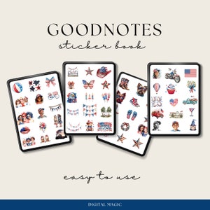 Puede incluir: Cuatro libros de pegatinas digitales para la aplicaci&oacute;n Goodnotes con una variedad de pegatinas de tem&aacute;tica roja, blanca y azul. Las pegatinas incluyen estrellas, banderas, fuegos artificiales, una magdalena, un globo aerost&aacute;tico, una motocicleta, un cami&oacute;n rojo, una copa de vino, una corona, un osito de peluche, y m&aacute;s.