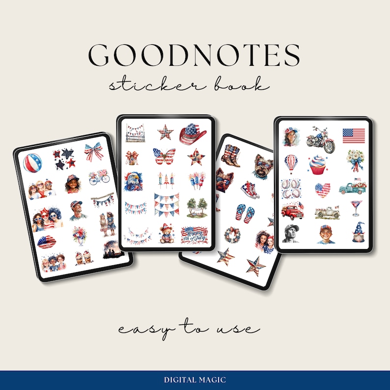 Puede incluir: Cuatro libros de pegatinas digitales para la aplicaci&oacute;n Goodnotes con una variedad de pegatinas de tem&aacute;tica roja, blanca y azul. Las pegatinas incluyen estrellas, banderas, fuegos artificiales, una magdalena, un globo aerost&aacute;tico, una motocicleta, un cami&oacute;n rojo, una copa de vino, una corona, un osito de peluche, y m&aacute;s.