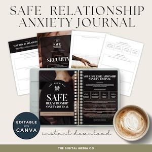以下が含まれることがあります： 「The Complete Safe Relationship Anxiety Journal」というタイトルのデジタルジャーナルで、白黒のデザインになっています。ジャーナルは、「Your Safe Relationship Anxiety Journal」というタイトルのページを開いており、白黒のデザインになっています。ジャーナルは、コーヒーカップのある白い表面の上に置かれています。
