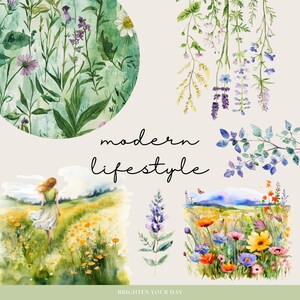 Puede incluir: Una ilustraci&oacute;n de acuarela de una mujer caminando por un campo de flores amarillas. El texto "modern lifestyle" est&aacute; escrito en cursiva negra. La imagen est&aacute; rodeada de varios dise&ntilde;os florales de acuarela.