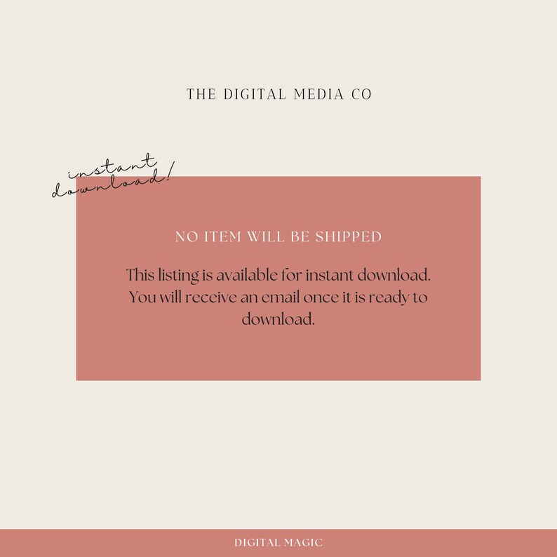 K&ouml;nnte beinhalten: Ein Hinweis auf einen digitalen Download mit rosa Hintergrund. Der Text lautet "Sofort-Download!" in einer handschriftlichen Schriftart. Der Text lautet auch "THE DIGITAL MEDIA CO" und "KEIN ARTIKEL WIRD VERSANDT". Der Text setzt sich fort mit "Diese Liste ist f&uuml;r den sofortigen Download verf&uuml;gbar. Sie erhalten eine E-Mail, sobald sie zum Download bereit ist." und "DIGITAL MAGIC".