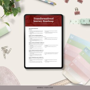 May include: A digital tablet displaying a "Transformational Journey Roadmap" with a burgundy header. The tablet is surrounded by office supplies, including paper clips, a pen, washi tape, and a weekly planner.