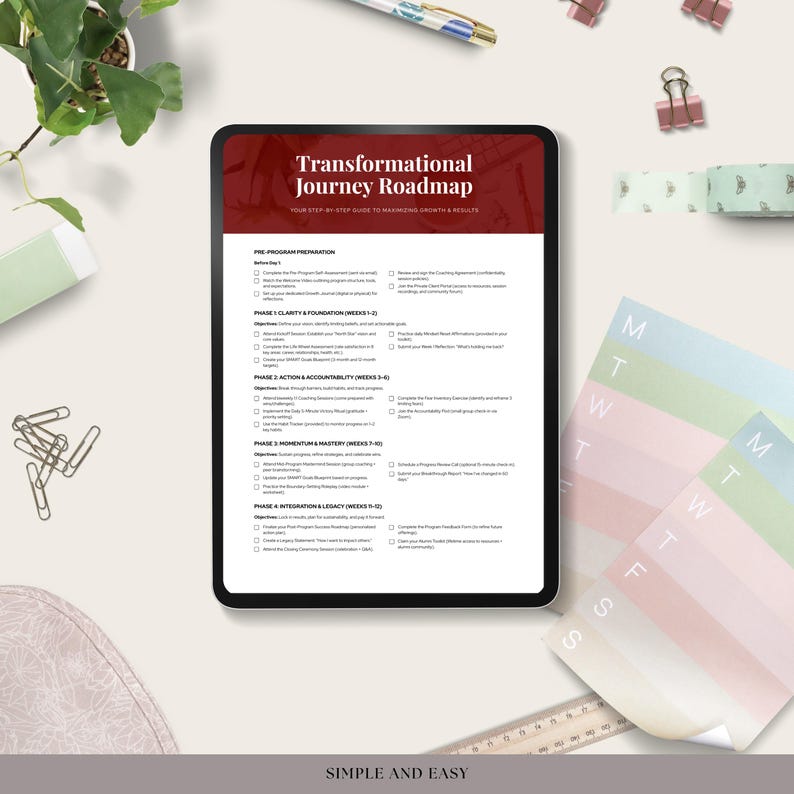 May include: A digital tablet displaying a "Transformational Journey Roadmap" with a burgundy header. The tablet is surrounded by office supplies, including paper clips, a pen, washi tape, and a weekly planner.