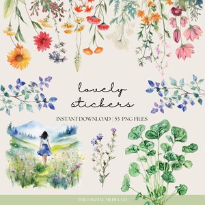 Puede incluir: Un conjunto de 53 pegatinas florales de acuarela con diferentes flores, hojas y plantas. Las pegatinas son perfectas para agregar un toque de naturaleza a diarios, planificadores, tarjetas y otras manualidades.