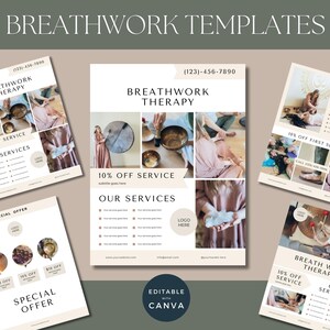 May include: Four different flyer templates for breathwork therapy services. Each flyer features a collage of images related to breathwork therapy, including people meditating, sound healing instruments, and nature scenes. The flyers include contact information, service descriptions, and special offers.