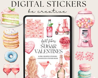 May include: Digital sticker set titled "Sugar Valentines" featuring watercolor illustrations of desserts, drinks, and a scooter. The image includes text that reads "Sugar Valentines Digital Stickers" and "be creative". The set includes 48 pre-cropped stickers and a GoodNotes sticker book.