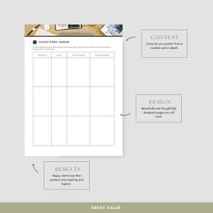 May include: A white worksheet titled "Activity & Role Analysis" with a grid for filling in information. Text boxes on the right say "Content" and "Design." A text box at the bottom says "Results." The background is a light beige color.