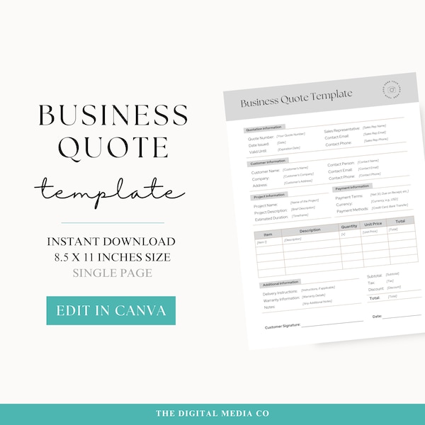 Quote Template, Small Business Document, Modern Client Quotation, Editable Quote Template, Services Proforma, Canva Pro Forma Doc