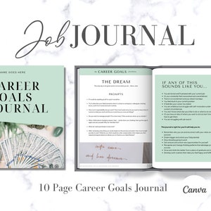 Może przedstawiać: 10-stronicowy dziennik celów zawodowych z zielono-białą okładką z tekstem "Career Goals Journal". Wewnętrzne strony zawierają wskazówki dotyczące ustalania celów zawodowych oraz sekcję zatytułowaną "Jeśli coś z tego brzmi znajomo..." z listą typowych frustracji zawodowych.