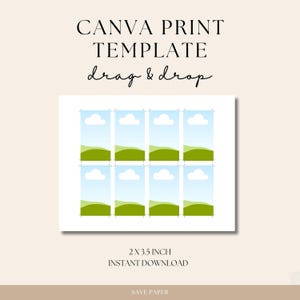 Puede incluir: Plantilla imprimible para Canva con 8 diseños de paisajes verdes y azules. Cada diseño presenta una colina verde, un cielo azul y nubes blancas. La plantilla mide 2 x 3,5 pulgadas y es para descarga instantánea. El texto "Save Paper" está en la parte inferior de la imagen.