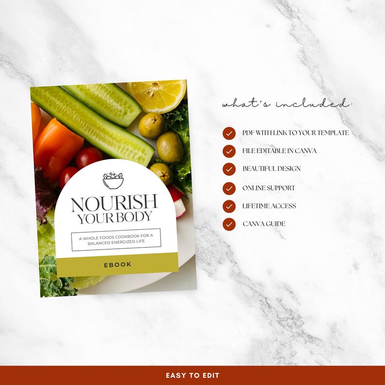 May include: A cookbook titled "Nourish Your Body" with fresh vegetables and fruits. The ebook cover features a white arch with the title and the text "A Whole Foods Cookbook for a Balanced Energized Life". The image also includes a list of what's included.