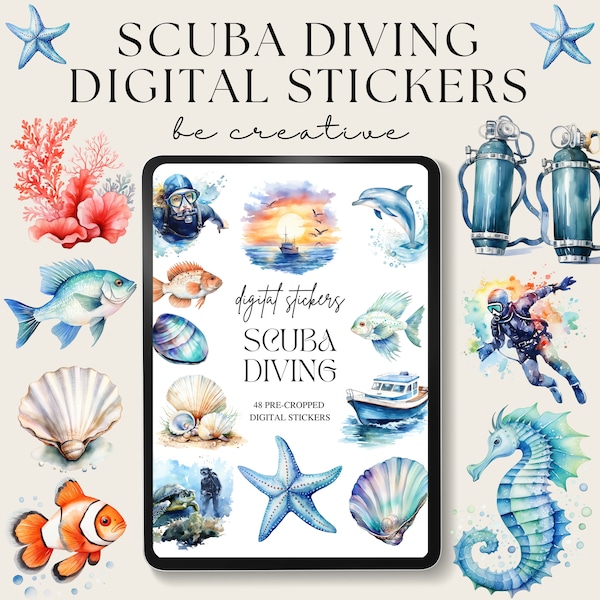 Scuba Diving Digital Stickers, Goodnotes Planner Stickers, Diver Stickers, Notability Embellishments, Ipad Sea Life Scrapbook, Ocean Clipart