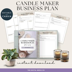 Könnte beinhalten: Ein blaugrüner Ordner mit einer goldenen Spiralbindung. Der Ordner hat einen weißen Einband mit dem Text "Candle Maker Business Plan" und den Worten "Light up every day" in kleinerer Schrift. Der Einband trägt auch den Text "Slow Candles Co." in kleinerer Schrift. Der Ordner ist auf einer Seite mit dem Titel "Mission Statement" geöffnet.