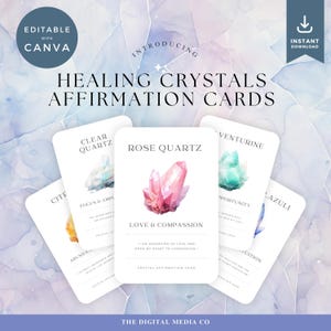 Jeu de cristaux de guérison, cartes d'affirmation Canva, cartes de guérisseur imprimables, ressource reiki modifiable, pont Oracle, cartes-éclair de pierres précieuses spirituelles