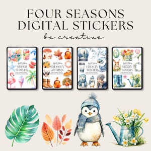 Könnte beinhalten: Vier digitale Sticker-Sets für jede Jahreszeit: Super Sommer, Kuscheliger Herbst, Frostiger Winter und Sonniger Frühling. Jedes Set enthält Aquarell-Illustrationen von saisonalen Gegenständen wie einem Flamingo, einem Kürbis, einem Pinguin und einem Hasen.