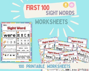 Sight Words Work Sheets For Preschoolers, 100 Printable Homeschool Worksheets, Study Pages For Young Learners, Homework Book, Kindergarten