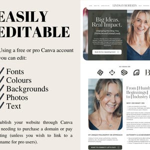 May include: A website screenshot with a white background and black text. The text reads "EASILY EDITABLE" and "Using a free or pro Canva account you can edit: Fonts, Colours, Backgrounds, Photos, Text". The text continues with "Then publish your website through Canva without needing to purchase a domain or pay for hosting (unless you wish to link to a domain name for pro users)."