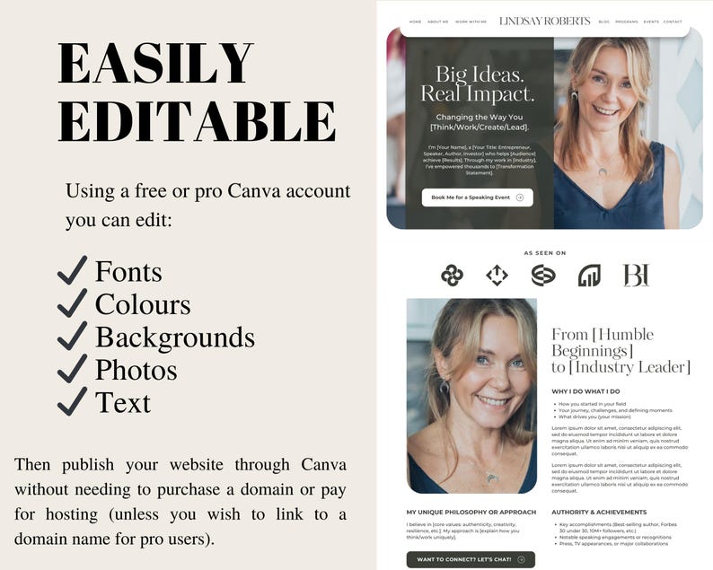 May include: A website screenshot with a white background and black text. The text reads "EASILY EDITABLE" and "Using a free or pro Canva account you can edit: Fonts, Colours, Backgrounds, Photos, Text". The text continues with "Then publish your website through Canva without needing to purchase a domain or pay for hosting (unless you wish to link to a domain name for pro users)."