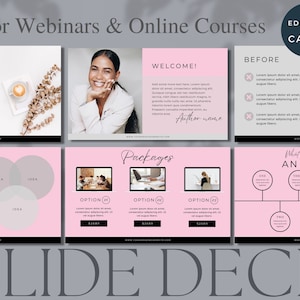 Può includere: Un modello di diapositiva rosa e bianca per webinar e corsi online. Le diapositive includono una diapositiva di benvenuto con il testo "Benvenuto!" e "Nome dell'autore", una diapositiva con tre cerchi sovrapposti etichettati "Idea", una diapositiva con tre opzioni di pacchetti e una diapositiva con una panoramica di cinque punti.