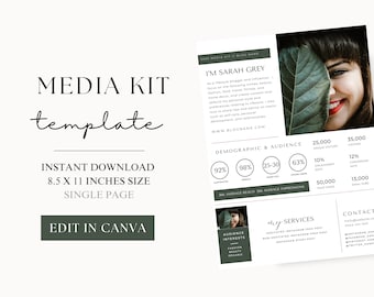May include: A green and white media kit template for a lifestyle blogger or influencer. The template includes a photo of a woman, a demographic and audience section, a list of services, and a contact section. The text "I'm Sarah Grey" is at the top of the template.