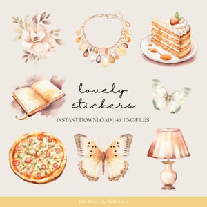 May include: A set of watercolor stickers featuring a variety of designs, including a book, a necklace, a butterfly, a pizza, a lamp, and a slice of cake. The stickers are perfect for adding a touch of whimsy to your planner, journal, or scrapbook.